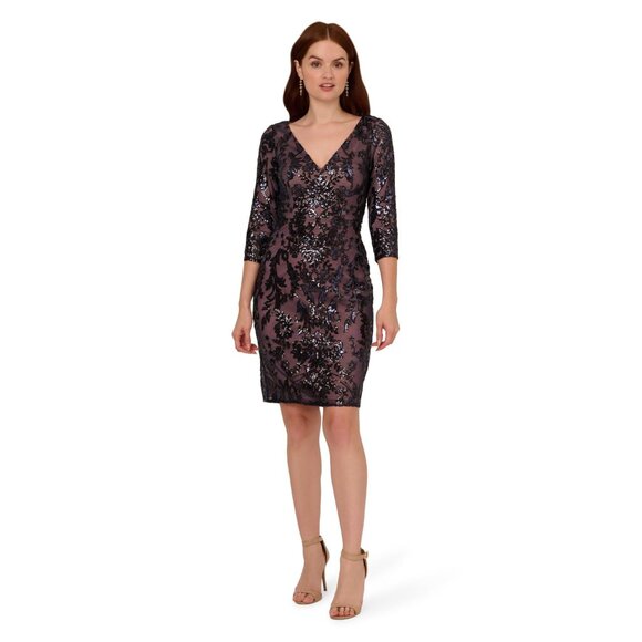 NWT Adrianna Papell Women's Beaded V-Neck Short Dress, Navy/Rosegold 14w - Picture 1 of 6